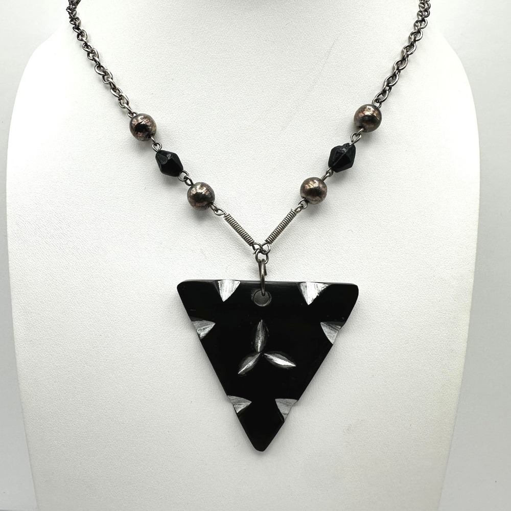 Vintage 90s Black Triangle Pendant Necklace Silver Tone Beaded Statement Jewelry